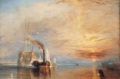 London National Gallery Top 20 13 JMW Turner - The fighting Temeraire JMW Turner - The Fighting Temeraire, 1838, 91 x 122 cm. This painting was voted #1 in the 2005 BBC Greatest Painting in Britain Poll. Although Turner painted many years before the Impressionists, I consider him the true first Impressionist. The Temeraire was a famous ship that had helped Nelson's victory at the Battle of Trafalgar in 1805. The painting shows the ship as she makes her last voyage before being broken up for salvage. Turners brilliant sunset bathes her in light, celebrating her glorious victory. The golden sky contrasts with the dark, modern tug that pulls the majestic old ship to her deathbed. The painting, which Turner called his favourite, is also regarded as a reflection by the artist on his own age and death.